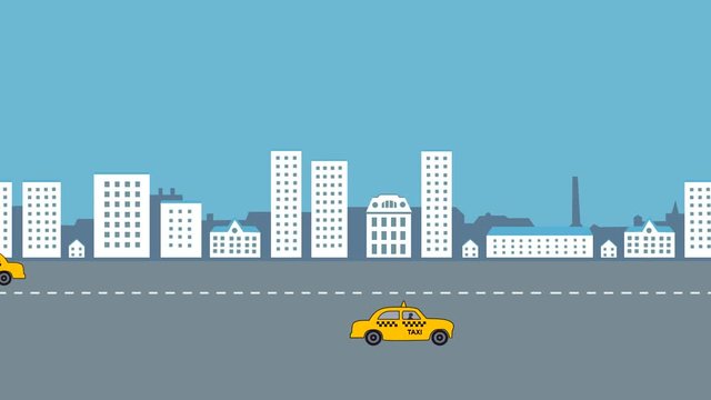 Taxicabs on the road: animation with city and yellow taxicabs