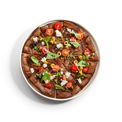 Borodino foccacia with tomatoes, olives and cheese
