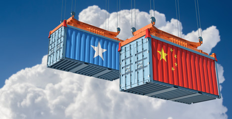 Shipping containers with Somalia and China flag. 3D Rendering 