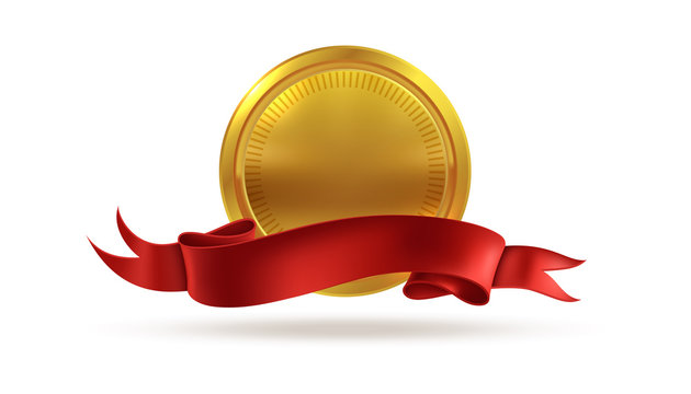 Golden medal. Sticker gold metal badge as blank coin vector symbol of success achievement and first award