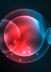 Glowing neon shiny transparent bubbles, glass circles or bio cell concept. Techno futuristic vector abstract background For Wallpaper, Banner, Background, Card, Book Illustration, landing page