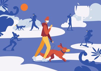 Dog and owner walking in park in protective face mask good for stopping coronavirus. Vector concept scene on blue background