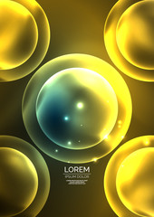 Glowing neon shiny transparent bubbles, glass circles or bio cell concept. Techno futuristic vector abstract background For Wallpaper, Banner, Background, Card, Book Illustration, landing page