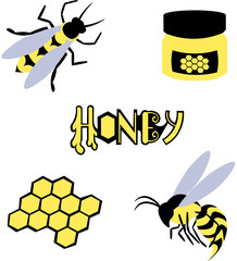 Bee and wasp. Honey, propolis and honeycombs. Food, medicine and cosmetology.