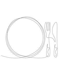 Fork and knife plate line drawing. Vector illustration.