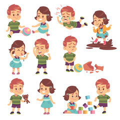 Good and bad kids. Playing peacefully and fighting, naughty and obedient children, conflict and funny boys and girls cartoon vector characters