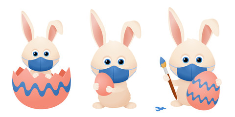 Cute easter bunny with face mask, coronavirus quarantine easter isolated vector.