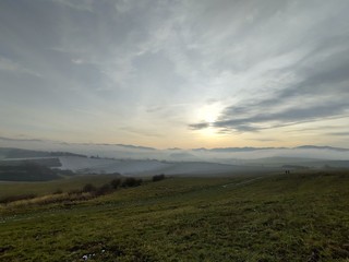 Sunrise or sunset over the hills and meadow. Slovakia	
