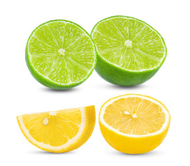 sliced lemon and lime isolated on white background. full depth of field