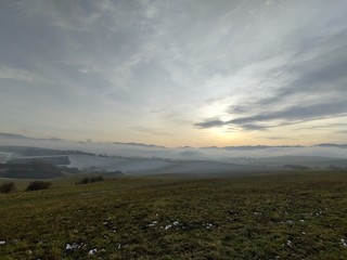 Sunrise or sunset over the hills and meadow. Slovakia	