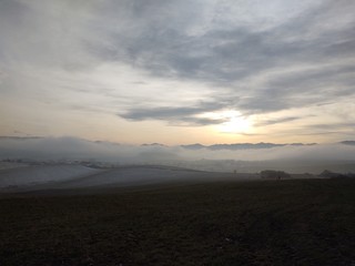 Sunrise or sunset over the hills and meadow. Slovakia	