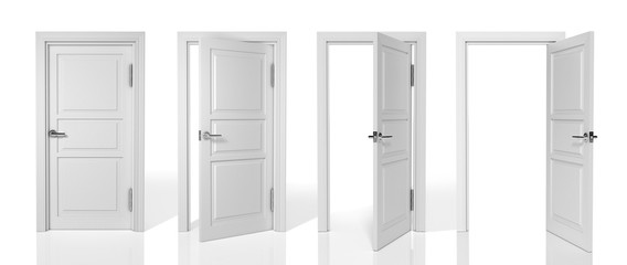 Opened and closed realistic white door set. 3D Illustration.