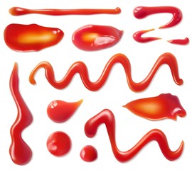 Ketchup stains. Tomato sauce red spots and smears, drops for paste and catsup blobs. Vegetable seasoning sour food realistic 3d vector set - obrazy, fototapety, plakaty