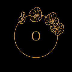 Gold frame template Orchid Flower and monogram concept with the letter O in minimal linear style. Vector floral logo