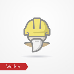 Typical simplistic worker face in professional helmet. Warehouse worker or builder head isolated icon in flat style with shadow. Profession and industrial vector stock image. - 334189714