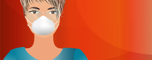 Red banner with copy space for information communication or advice on the coronavirus pandemic. Portrait of a woman in medical mask. Corona virus concept. Respiratory protection. Panorama