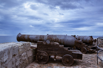 Fototapeta na wymiar cañones históricos en acero y madera frente al mar mediterraneo