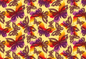 Seamless Pattern, Exotic Butterflies Colorful Silhouettes and Contours, Tile Background. Vector