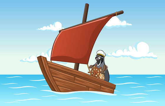 Cartoon Quail Steering A Small Wooden Sail Boat At The Sea. Bird Holding Steering Wheel Of A Ship.