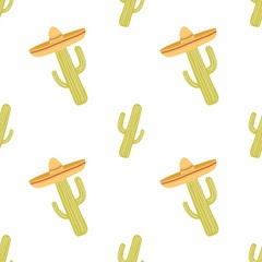 Mexican hat sombrero and cacti on a white background, seamless vector pattern.