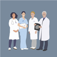 Obraz premium Doctors and hospital medical staff vector illustration. Proffesional medical team and physicians doctors with stetoscope and x-ray.