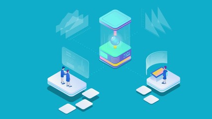 Big Data Processing Global Neural Network Communication Isometric animated concept. Scientists standing on platforms connected to large supercomputer look at virtual charts and analyzing 4K video.