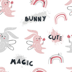 Vector hand-drawn colored seamless repeating children’s pattern with cute bunnies fairies with wings and magic wand, rainbow and lettering in Scandinavian style on a white background. 