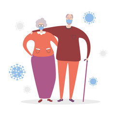 Vector illustration Coronavirus and Senior people. Old couple and virus Covid-19. Protect from the disease poster and card design. Elder generation and new type of pneumonia.asic RGB