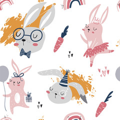 Vector hand-drawn color children's seamless repeating pattern with cute bunnies, carrots and a rainbow in the Scandinavian style on a white background. Cute kids cartoon animals. Scandi animal pattern