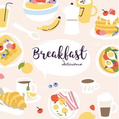 Vector illustration set of different breakfasts. Various tasty bakery products and hot drinks. Background with food icons and logos.