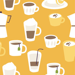 Vector illustration of set different hot drinks. Menu list of coffee and tea. Seamless pattern.