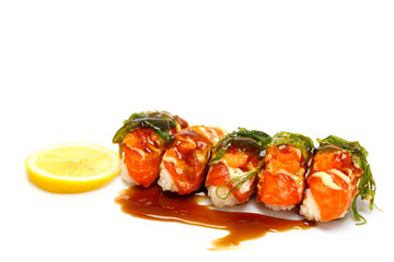 Salmon Lemon Sushi isolated on a white background
