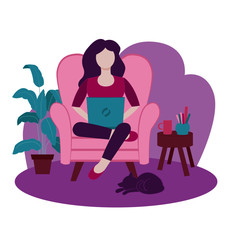 Woman using laptop vector illustration. Working from home, remote work. Online shopping. Freelance, e-learning concept