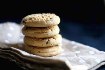 Stack of chocolate chip cookies. Selective focus. 