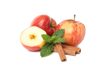 Apples, mint and cinnamon isolated on white background. Natural treatment