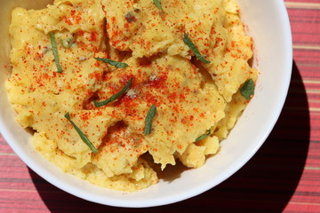 Jhunka or Zunka or pithale, a chickpea flour porridge, a vegetarian traditional Indian dish prepared in Maharashtra, Goa and Karnataka part of India
