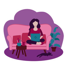 Woman using laptop vector illustration. Working from home, remote work. Online shopping. Freelance, e-learning concept