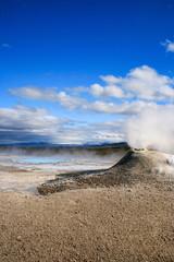 Small geyser in Hverasverdi, portrait view, Iceland.