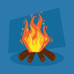 bonfire with wooden and flame in blue background vector illustration design