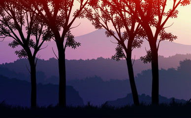 Natural forest mountains horizon hills silhouettes of trees. Evening Sunrise and sunset. Landscape wallpaper. Illustration vector style. Colorful view background.