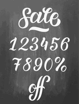 Set of sale lettering, vector numbers, from 0 to 9 peccent off phrase. Ink illustration. Modern brush calligraphy. Isolated on chalkboard background. Textured blackboard