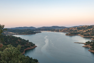 overhead view of a lake at sunrise