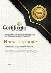 Luxury vertical modern certificate template with black and gold flow lines effect ornament on texture pattern background,