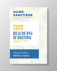 Hand Sanitizer Abstract Vector Package Label. Modern Typography and Hand Drawn Coronavirus Covid 19 Bacteris Sketch Silhouette Background Layout. Antibacterial Cleanser Product Design Mockup.