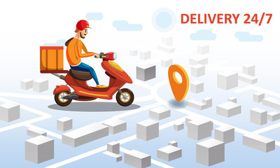 Delivery by scooter moped on mobile tracking online, map isometric