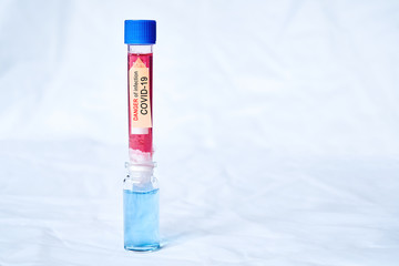 Flasks with red and blue liquid and KOVID-19 coronavirus on a white background