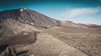 Aerial view of Mount Teide with the road on the right in Tenerife Canary Islands, Spain.