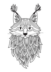 Cat antistress adult doodle coloring book page. Black and white illutration.