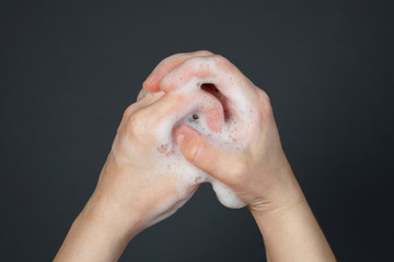 Fototapeta premium human hands wash with soap, virus disinfection