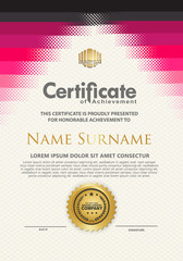Futuristic vertical modern certificate template with diagonal halftone ornament on background. vector illustration